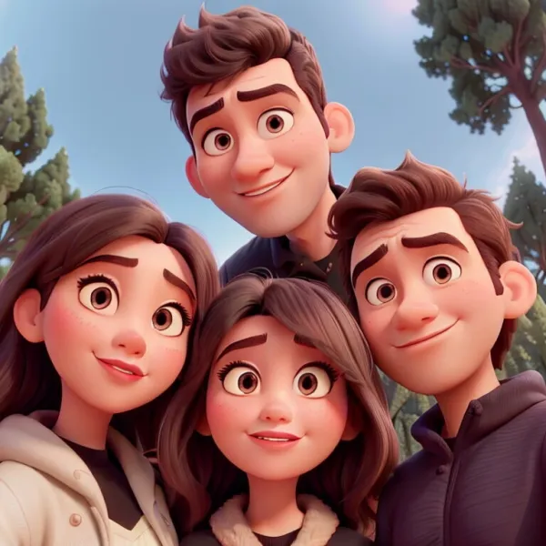 The image depicts four animated characters, three males and one female, positioned close together and smiling as if posi
