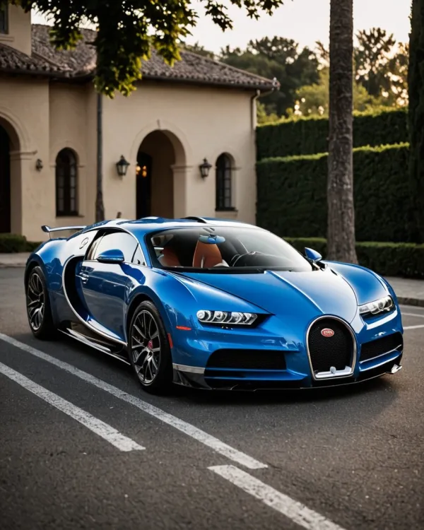 The image depicts a high-end luxury sports car, specifically a blue Bugatti parked on a paved driveway in front of a vil