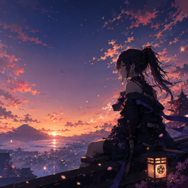 The image depicts a contemplative female character sitting on a high ledge overlooking a sprawling cityscape at sunset
