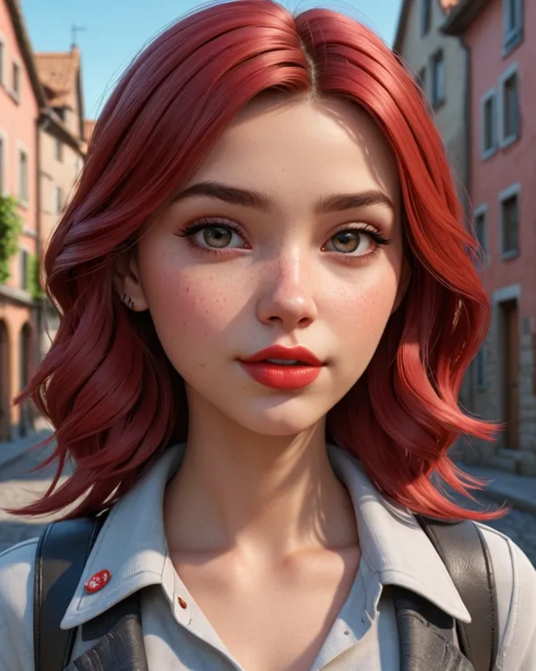The image depicts a digitally rendered young woman with wavy red hair, green eyes, and prominent facial features includi