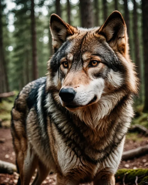 The image depicts a close-up portrait of a wolf standing in a forest setting