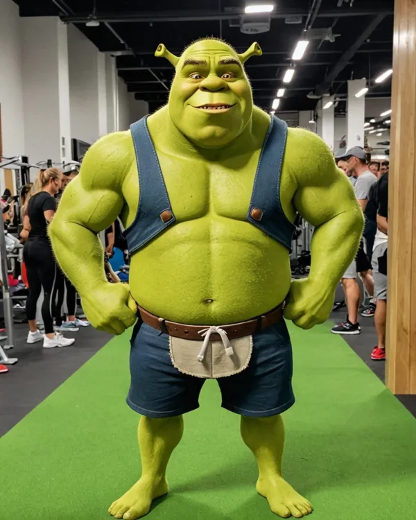 A digitally rendered or composited figure of Shrek, the animated green ogre character, depicted with an exagger