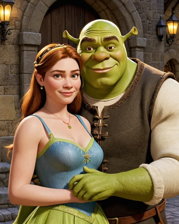 The image depicts two animated characters standing closely together in a warm, affectionate pose. The subjects include a