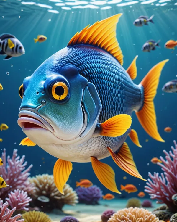 The image depicts a large, prominently centered stylized fish underwater, surrounded by smaller fish and coral