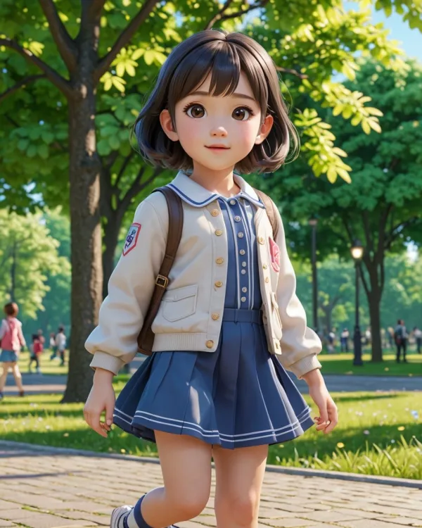 The image features a stylized young girl with short dark hair, wearing a cream jacket, a blue pleated skirt, an