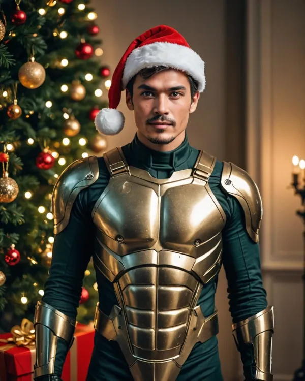 The image depicts a man standing in front of a decorated Christmas tree with lit ornaments and wrapped presents beneath