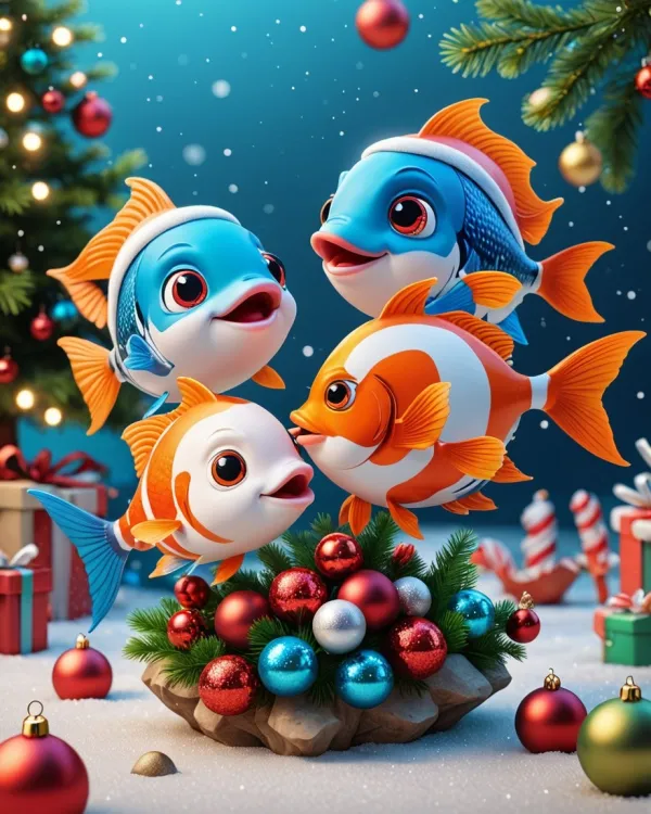 The image features a whimsical and festive scene with four animated, anthropomorphic fish as the main subjects. The fish