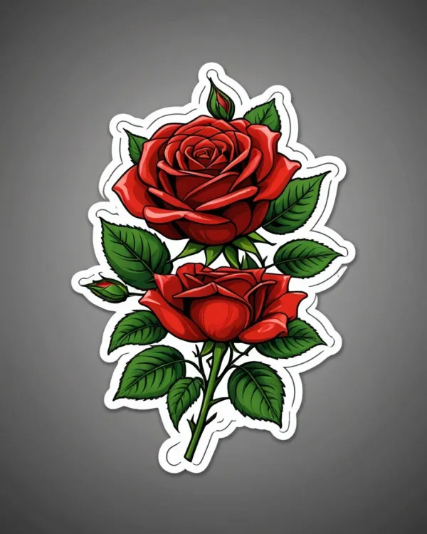 The image depicts a digitally illustrated subject of two red roses with lush green leaves attached to their stems