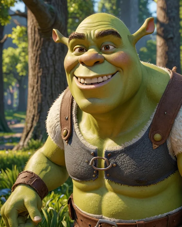 The image depicts a close-up, digitally rendered character of an orc or ogre-like fantasy creature with green s