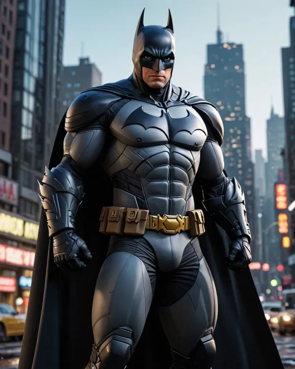 The image depicts a stylized, hyper-realistic 3D render of a muscular superhero resembling Batman standing confidently i