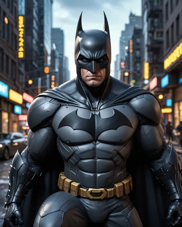 The image depicts a hyper-realistic, digitally rendered figure of Batman standing in an urban city street setting, likel