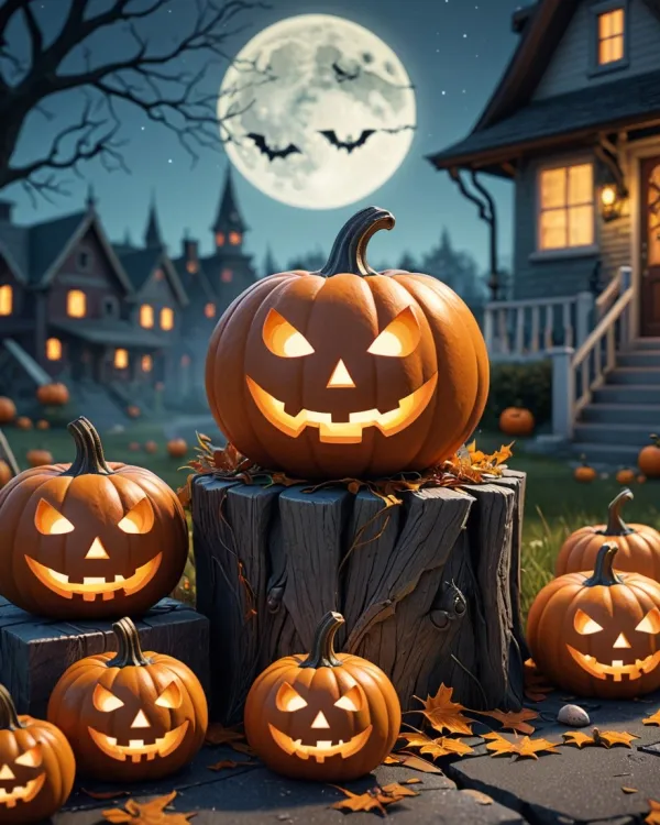 The image depicts a Halloween-themed outdoor night scene featuring multiple illuminated jack-o'-lantern pumpkins with ca