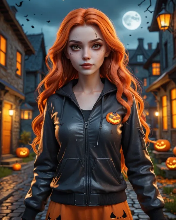 The image depicts a digitally rendered young woman with long, vibrant orange hair standing in a cobblestone street lined