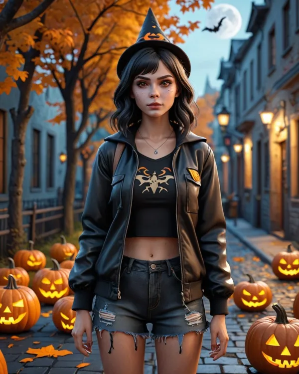 The image features a young woman standing in a Halloween-themed outdoor setting