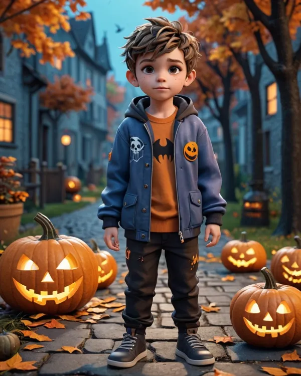 The image depicts a young boy standing on a cobblestone street in a residential neighborhood during autumn