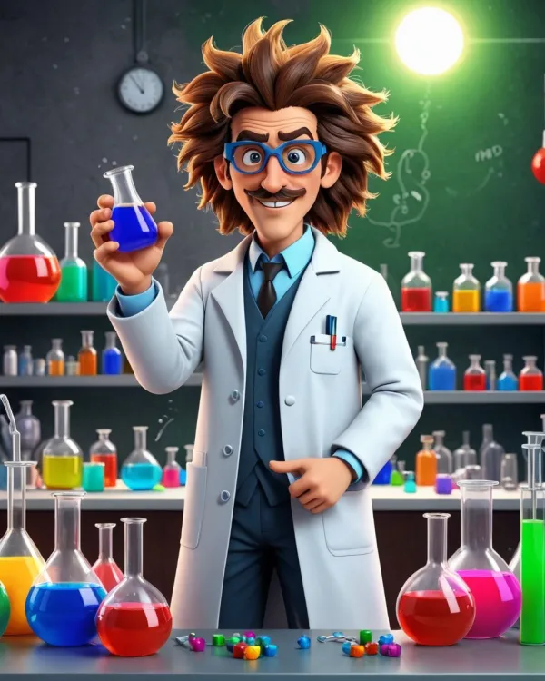 The image depicts a stylized, cartoonish male scientist character standing in a laboratory setting
