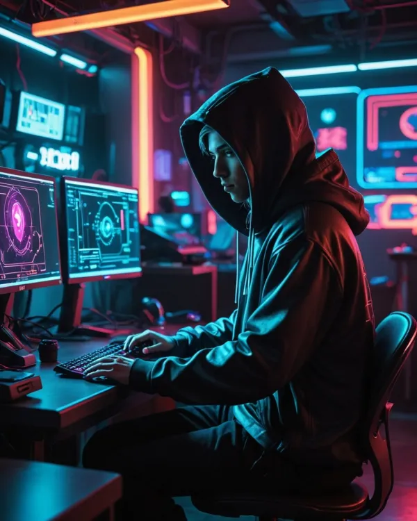 Intense Focus, Neon Workspace, Cyberpunk Hacker