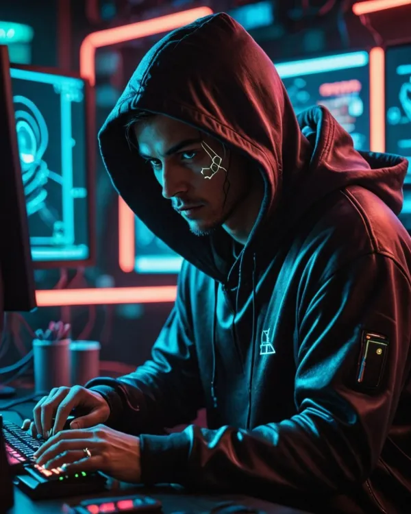 Intense Cyberpunk Hacker Focused