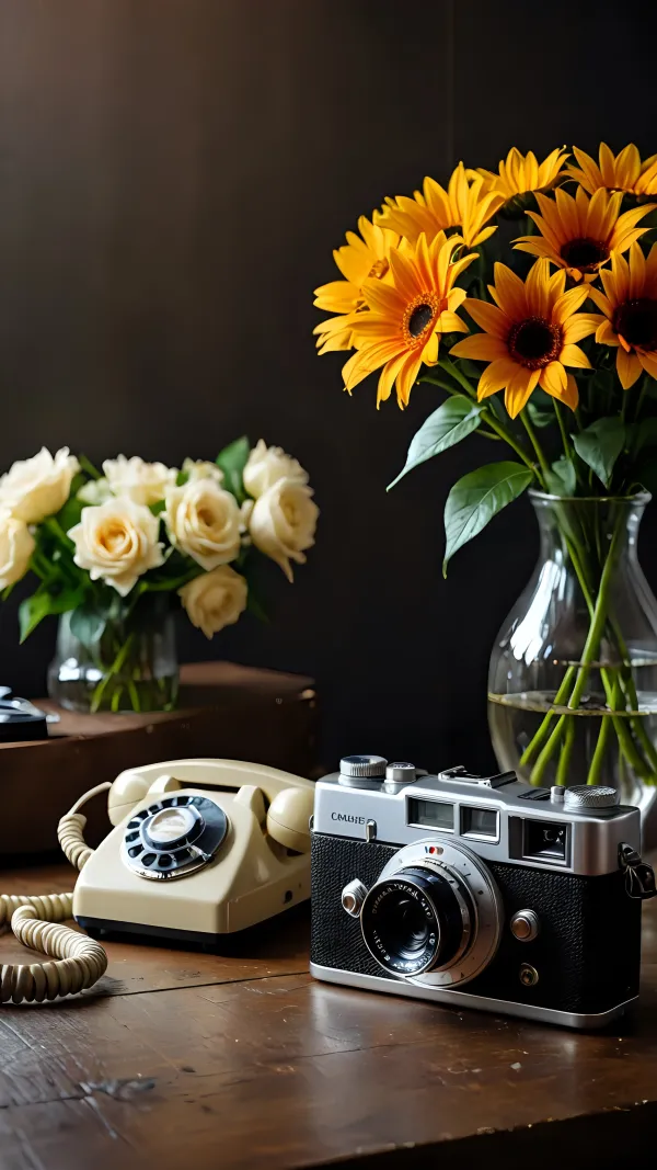 The image displays a still life composition featuring vintage objects and floral arrangements. The main subjects include