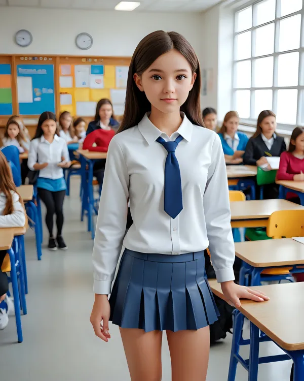 The image depicts a young girl standing prominently in the foreground of a classroom setting. She is dressed in a school
