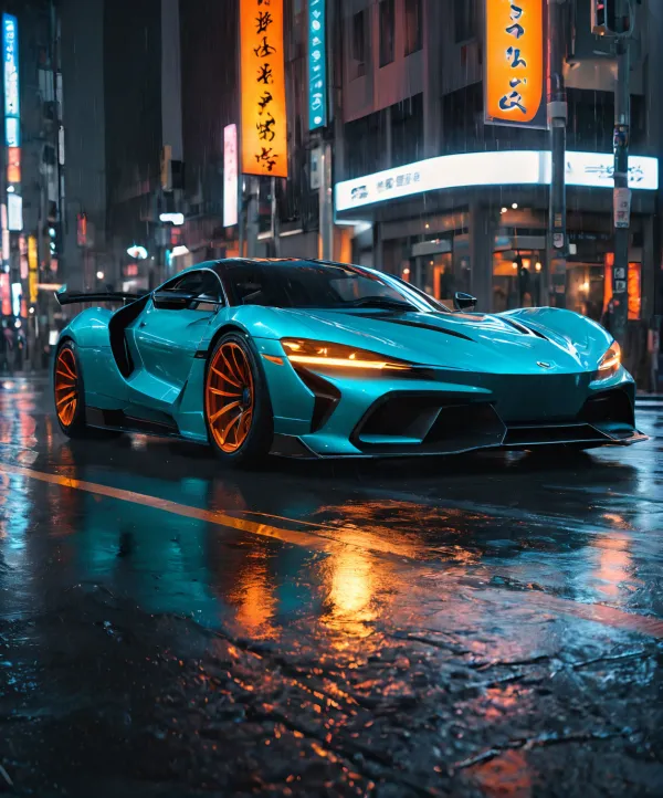 The image depicts a sleek, modern sports car with a turquoise body and bright orange rims, parked on a wet urban street