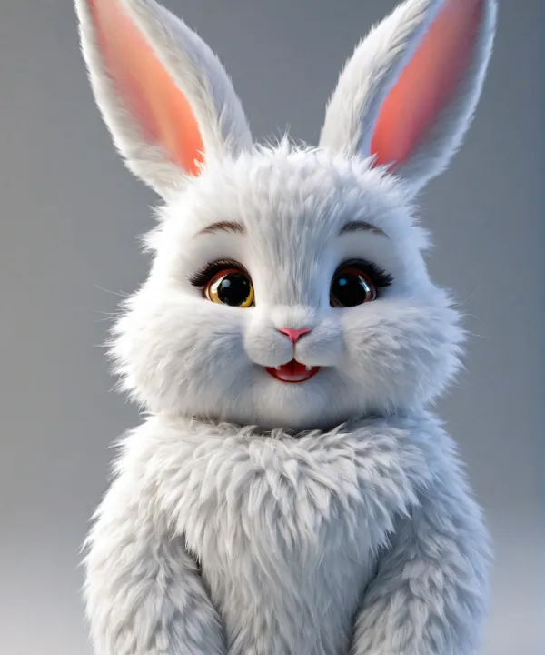 The image depicts a close-up frontal view of an animated, anthropomorphic white rabbit character