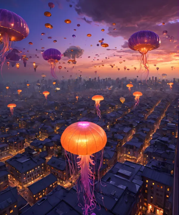 A surreal digital artwork depicts numerous glowing jellyfish floating above a densely packed urban cityscape at dusk
