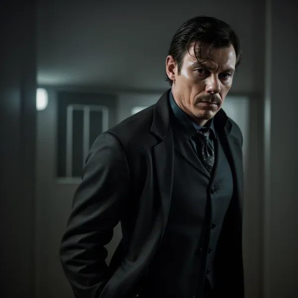 A sharply dressed man in a dark suit stands indoors against a muted, minimal background with soft lighting that emphasiz