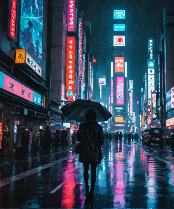 A moody nighttime city scene features a solitary figure holding an umbrella walking along a wet street lined with tall b