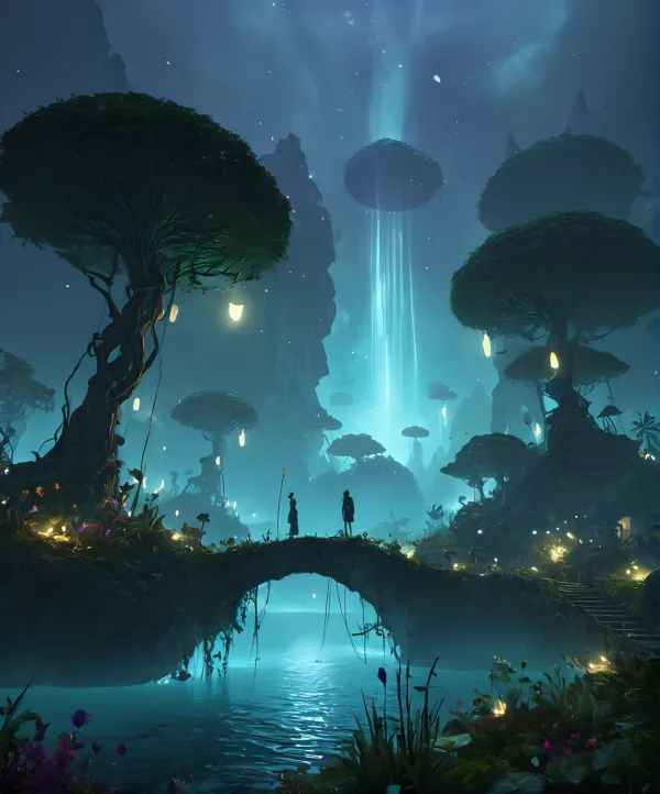 This digital artwork depicts a mystical forest scene with two silhouetted figures standing on an arched bridge over a ca