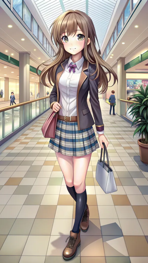 The image depicts a young anime-style girl walking inside a brightly lit shopping mall. The style is clean and polished