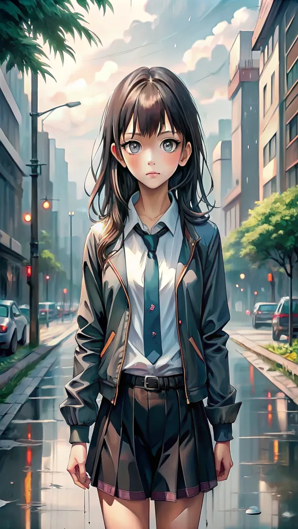 Melancholic Schoolgirl City Scene
