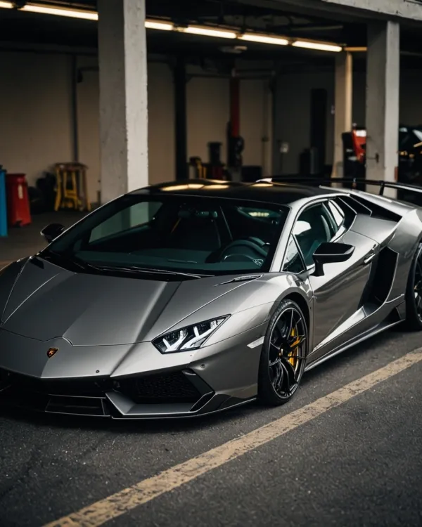 A sleek, silver Lamborghini sports car is parked indoors in what appears to be a garage or showroom, featuring sharp ang