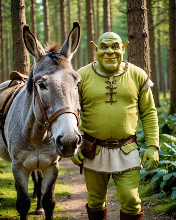 A well-composed, high-quality image shows a green-skinned character reminiscent of Shrek standing beside a donkey on a f