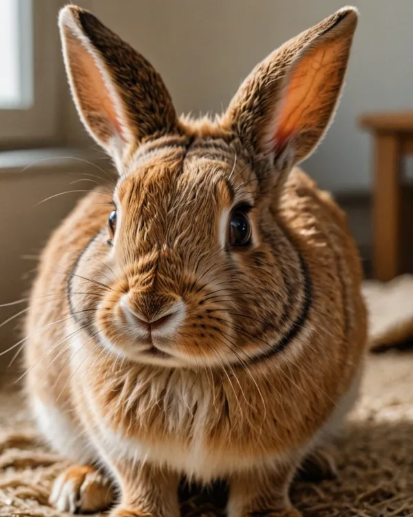A close-up photograph of a brown rabbit with detailed fur texture and large upright ears, positioned facing the camera a