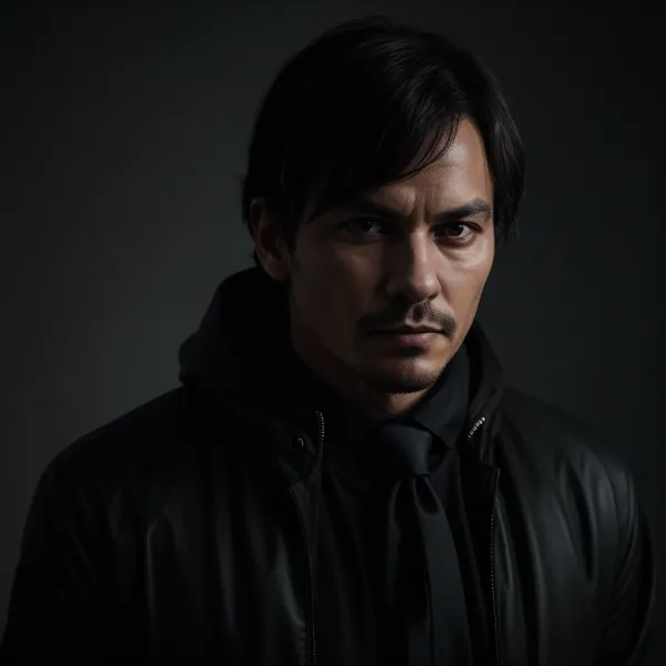 A close-up portrait of a man with a serious expression, wearing a dark leather jacket and a black shirt with a loosely t
