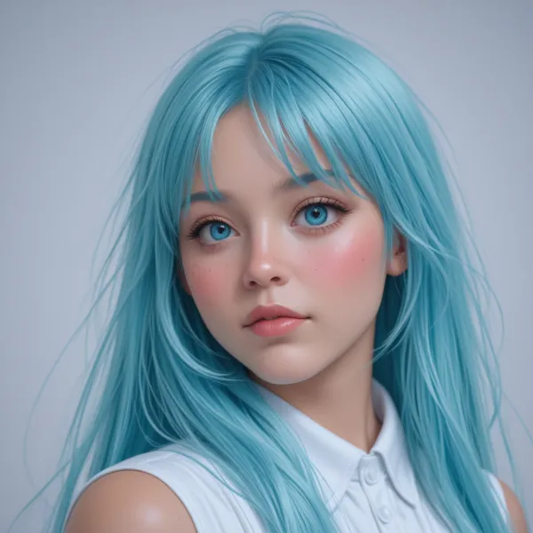 The image depicts a highly detailed close-up portrait of a young woman with striking light blue hair and bright blue eye