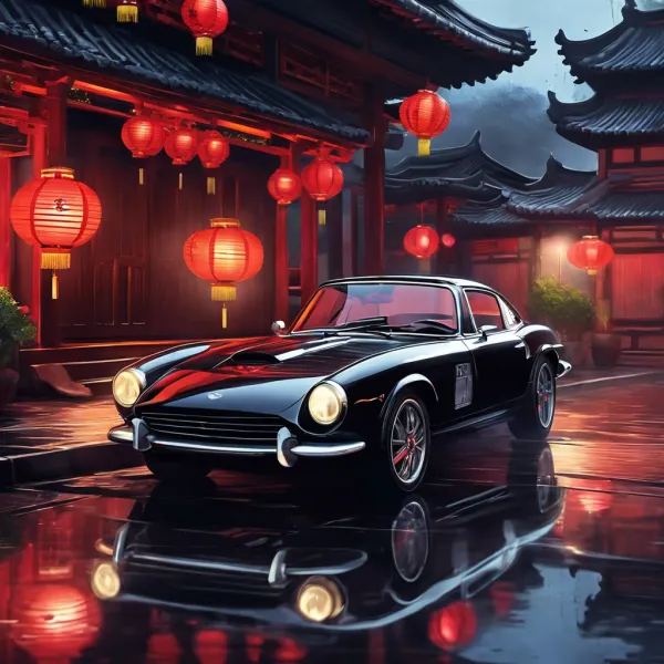 A sleek black vintage sports car is prominently positioned on a glossy wet street reflecting ambient lights, surrounded