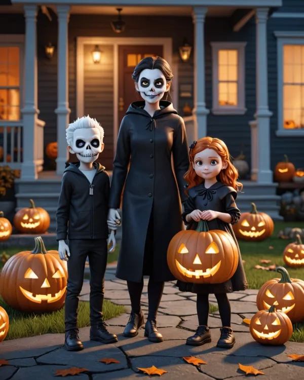 A digitally rendered image depicting a family of three standing on a stone pathway in front of a house decorated for Hal
