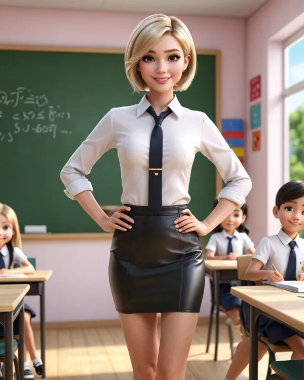 A digitally rendered image depicts a confident young female teacher standing in a classroom, hands on hips, with smiling
