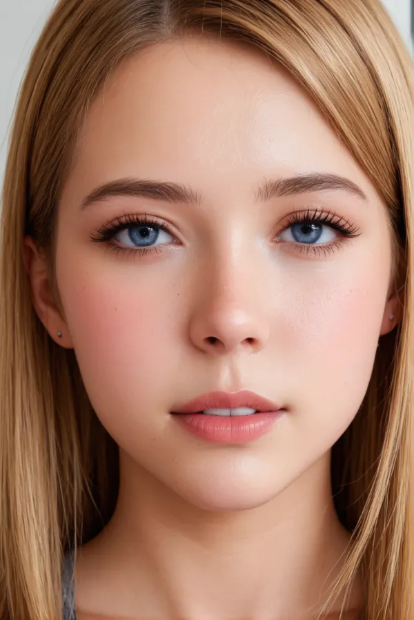 A close-up portrait of a young woman with blonde hair and blue eyes, featuring soft, natural lighting and smooth, clear