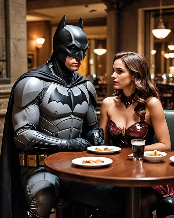The image shows two people dressed as superhero characters resembling Batman and Wonder Woman sitting at a round wooden