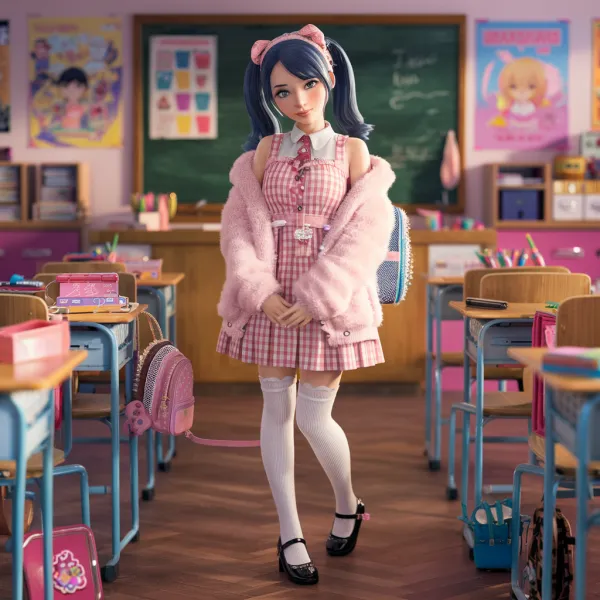 A digitally rendered image of a young girl standing in a brightly lit classroom, styled with a soft, pastel color palett