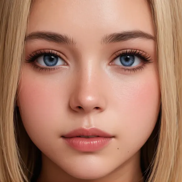 A close-up portrait of a young woman with blue eyes and blonde hair, rendered in a highly realistic photographic style