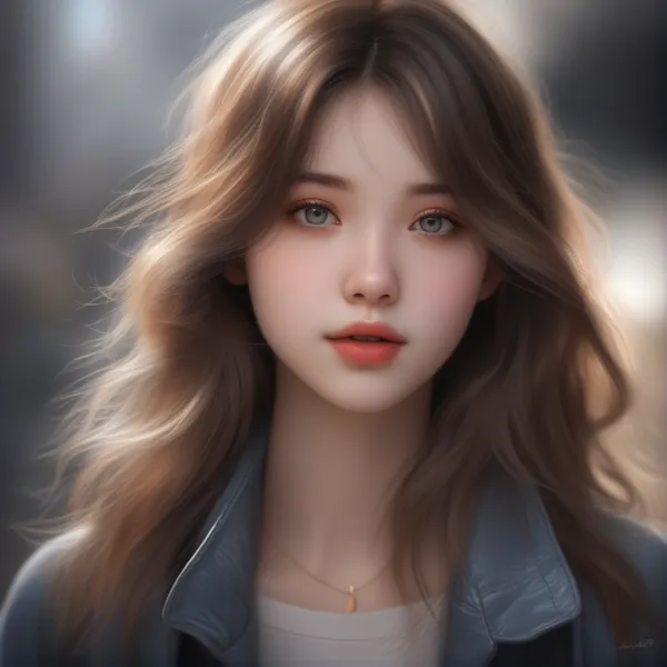 This image depicts a highly detailed digital portrait of a young woman with long, wavy light brown hair and light-colore