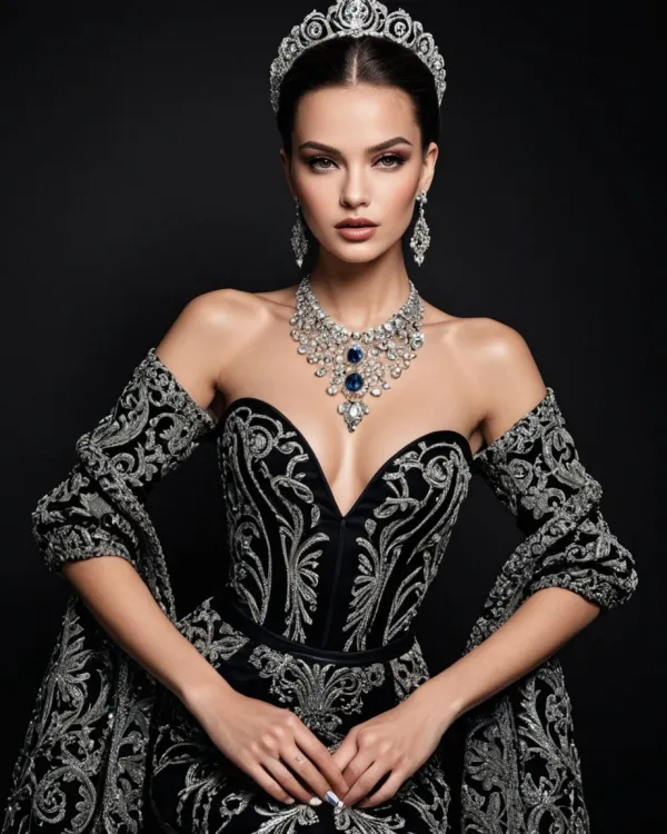 A digitally enhanced portrait of a woman in an elegant black gown with intricate silver embroidery and matching off-shou