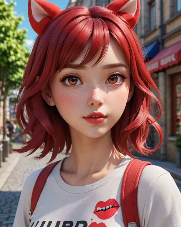 A digitally rendered portrait of a young woman with short, wavy red hair and fox-like ears set against an outdoor urban