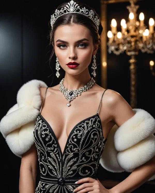 A striking portrait of a woman dressed in an elegant evening gown with intricate silver embroidery, complemented by a lu
