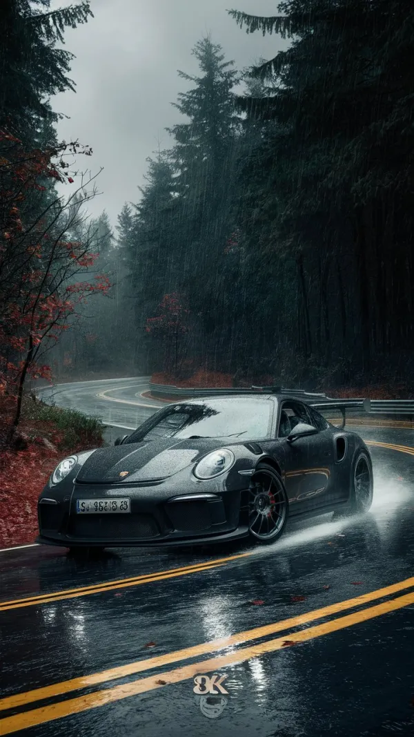 A sleek black sports car, likely a Porsche, is captured drifting on a wet, winding forest road during rainfall, creating