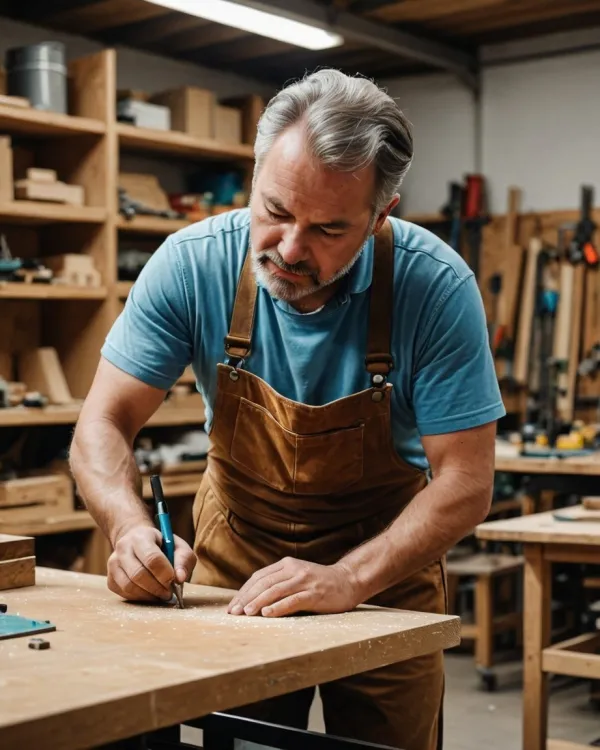 A middle-aged man wearing a blue t-shirt and brown apron is focused on carving or marking a piece of wood on a large woo